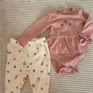 Carter's Dusty Pink Peplum Bodysuit with Cream Mushroom Print Pants